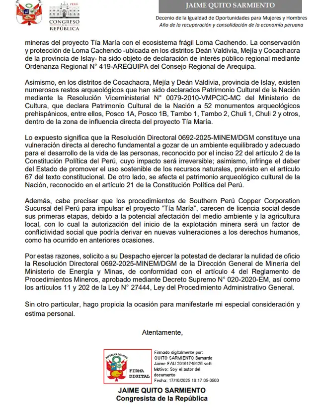 El congresista Jaime Quito demanda la nulidad del inicio de operaciones de Southern en el proyecto Tía María. Foto: difusión El congresista Jaime Quito demanda la nulidad del inicio de operaciones de Southern en el proyecto Tía María. Foto: difusión