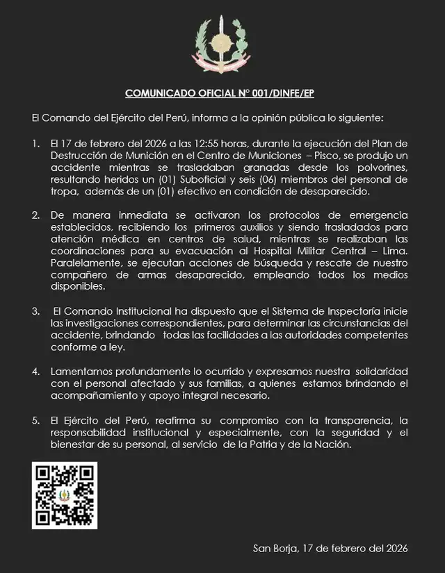 Comunicado del Ejército Peruano sobre lo sucedido. Foto: Difusión   