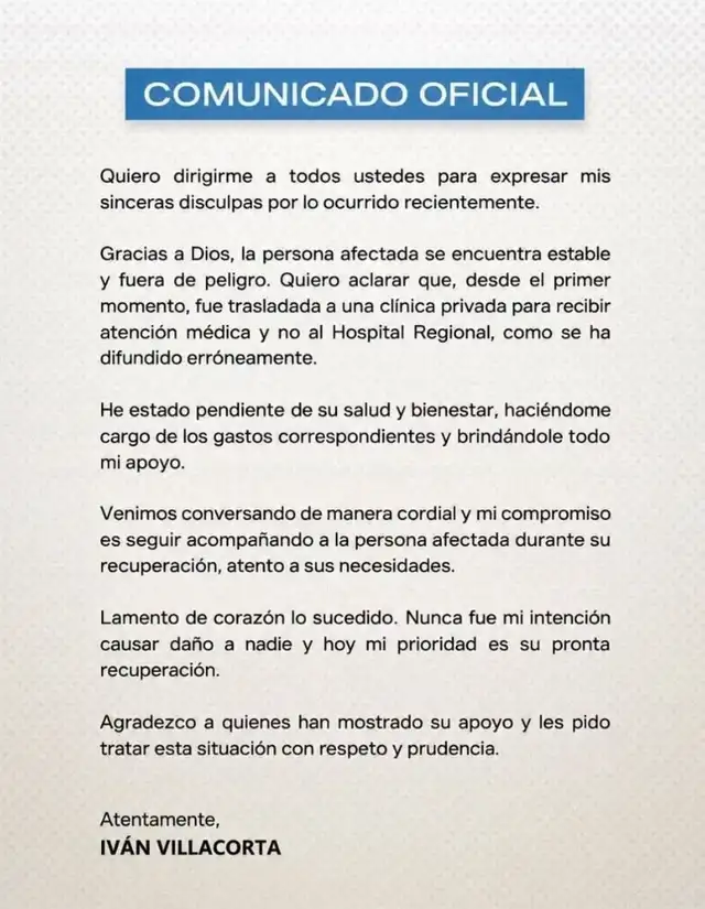 Comunicado de Iván Villacorta tras atropellar a adulto mayor. Foto: Instagram.  