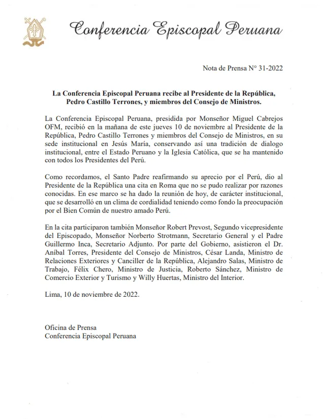 Comunicado de la conferenia Episcopal Peruana. Foto: documento