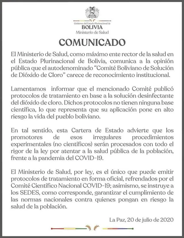 Comunicado del Ministerio de Salud de Bolivia.