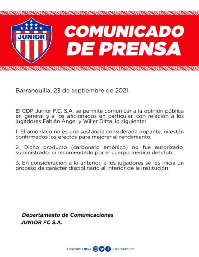 Comunicado de prensa del club de Fabián Ángel. Foto: Junior de Barranquilla