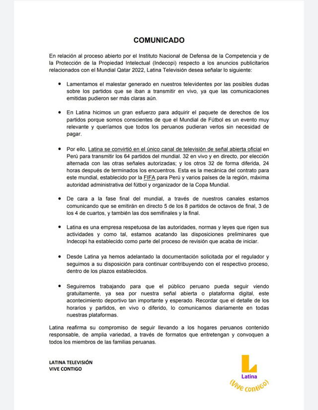 Comunicado de Latina. Foto: Latina