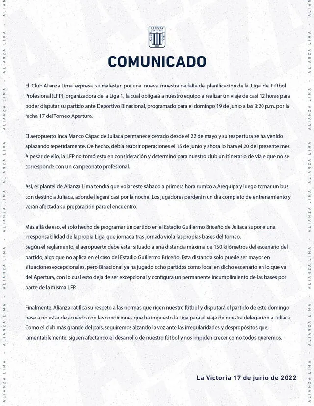 Comunicado de la institución blanquiazul. Foto: Twitter/Alianza Lima