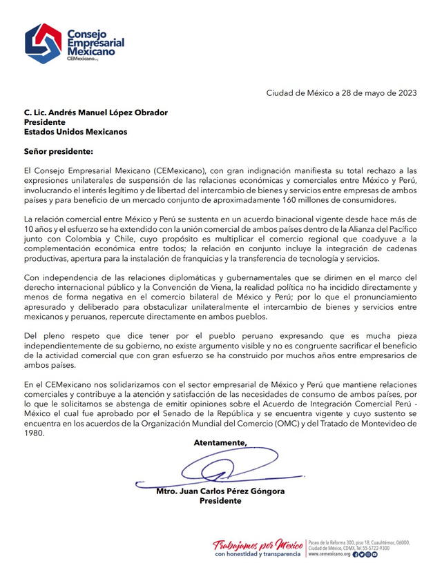 Oficio del Consejo Empresarial Mexicano a López Obrador. Foto: @CEMexicano/Twitter   