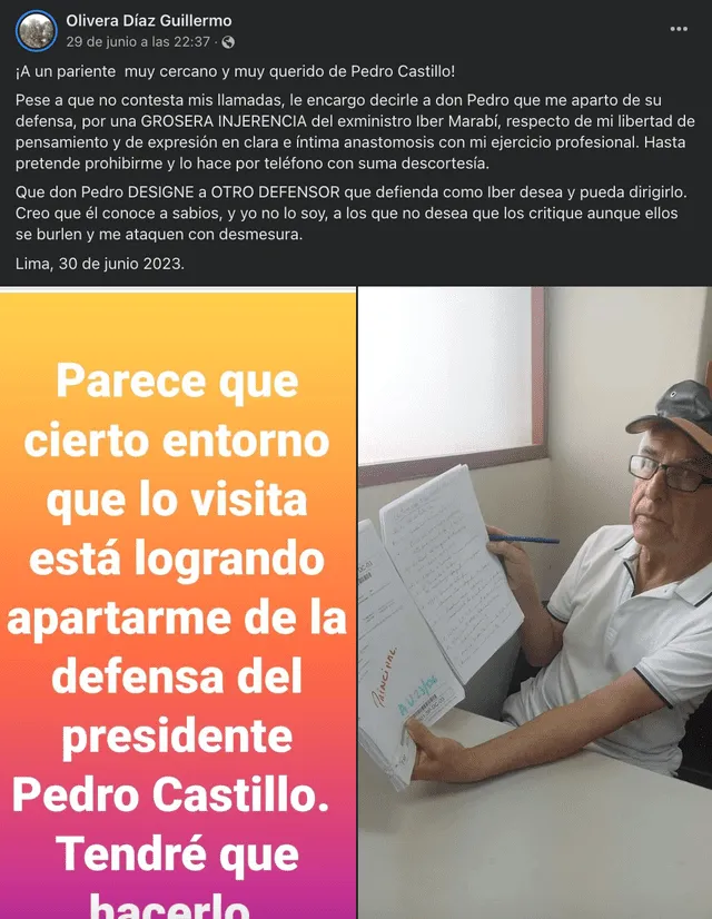 Renuncia a la defensa de Pedro Castillo. Foto: Captura de Facebook/Olivera Díaz Guillermo   