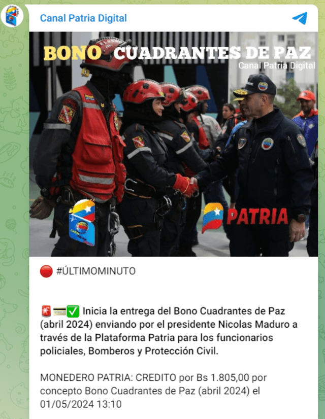 El Bono Cuadrantes de Paz llegó este miércoles 1 de mayo. Foto: Canal Patria Digital   