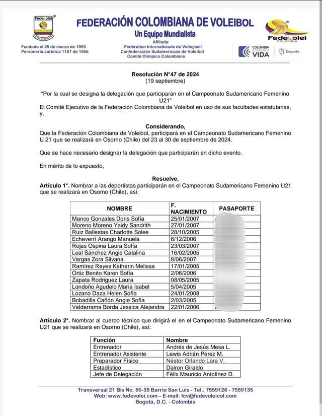 Convocadas de Colombia. Foto: FCV   