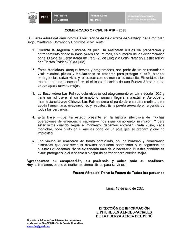 Comunicado de la Fuerza Aérea del Perú. Foto: X   