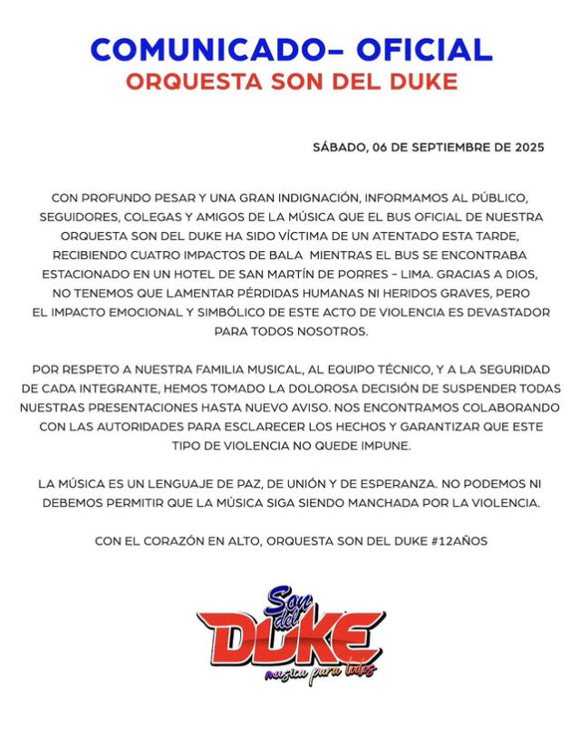 Comunicado de Son del Duque. Foto: Facebook   