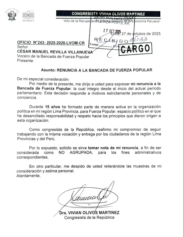 Oficio de renuncia de la congresista Vivian Olivos. Foto: Vivian Olivos/X Oficio de renuncia de la congresista Vivian Olivos. Foto: Vivian Olivos/X