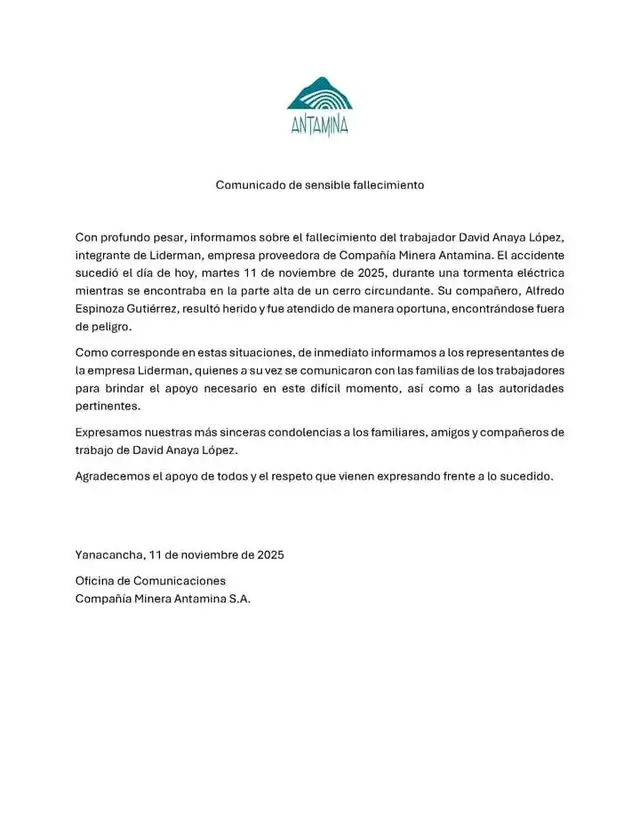 Comunicado de la empresa minera Antamina sobre el incidente. Foto: Antamina   