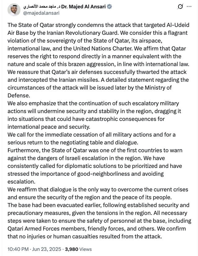 “A flagrant violation of Qatar’s sovereignty and international law,” said Qatari Foreign Ministry after Iran’s missile strike on U.S. Al-Udeid base. Photo: Majed Al Ansari X account “A flagrant violation of Qatar’s sovereignty and international law,” said Qatari Foreign Ministry after Iran’s missile strike on U.S. Al-Udeid base. Photo: Majed Al Ansari X account