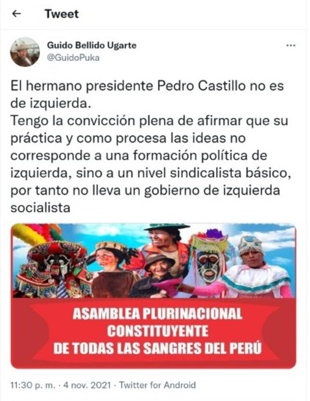 Guido Bellido critica al presidente Pedro Castillo y lo llama “sindicalista básico” . Foto: Twitter