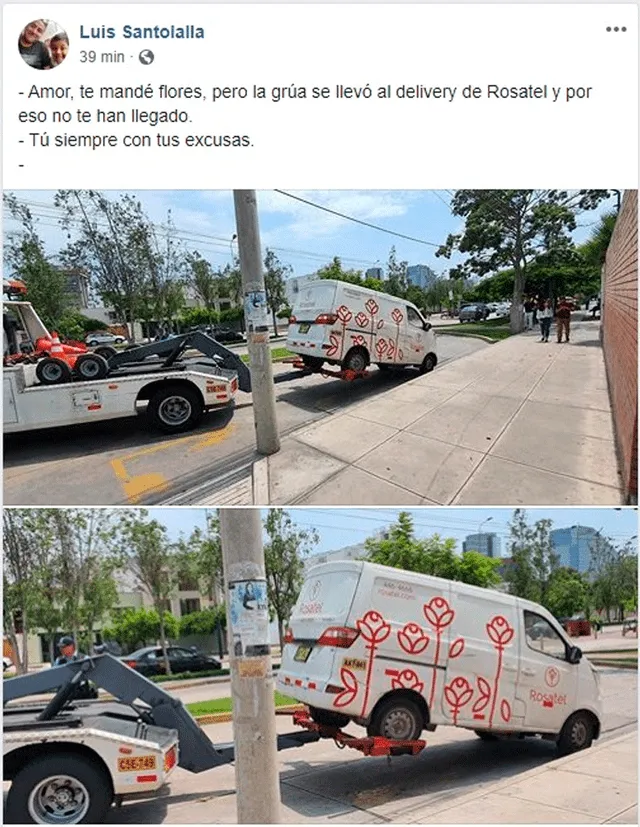 Grúa se lleva camioneta de delivery de Rosatel  en San Valentín. Foto: Captura Facebook