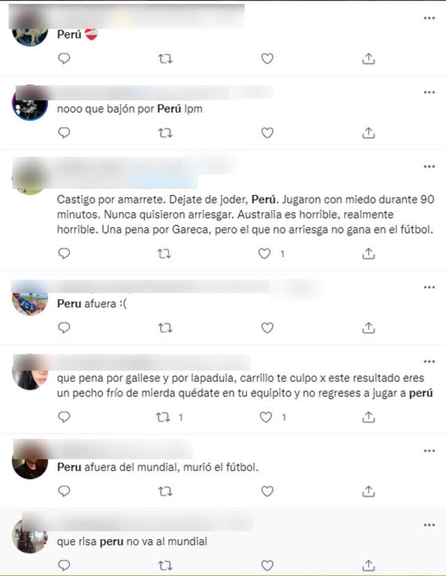 Comentarios de los internautas tras eliminación del Perú. Foto: captura Twitter