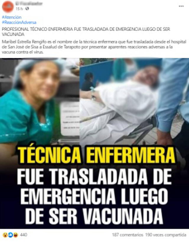 Es engañoso que enfermera de Tarapoto fue internada “por la vacuna de Sinopharm”. Foto:  captura en Facebook.