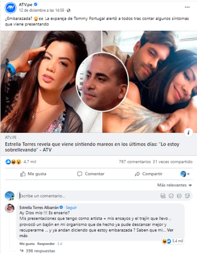 Estrella Torres se pronuncia tras especulaciones de un embarazo. Foto: captura Facebook ATV