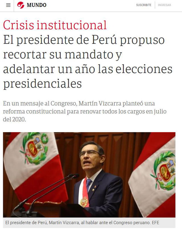Clarín informa sobre la propuesta emitida por el presidente Vizcarra durante su discurso por 28 de julio. Foto: captura