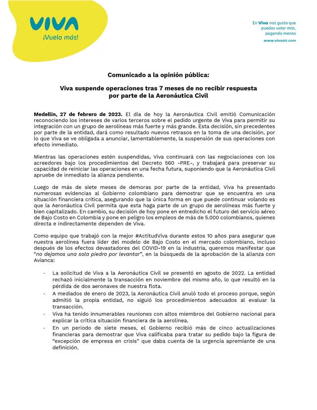  Comunicado oficial de Viva Air Colombia sobre la suspensión de los vuelos. Foto: Viva Air Col/Twitter   