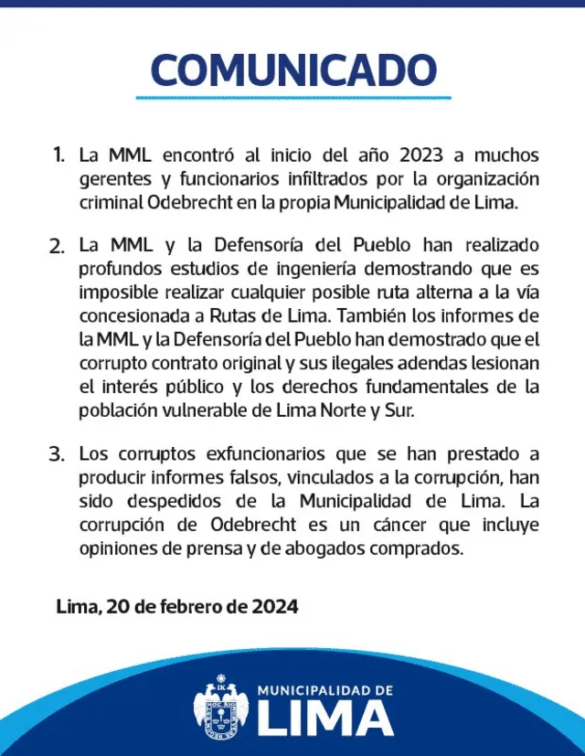 Comunicado de la MML sobre ruta alterna. Foto: MML   