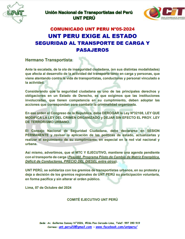  Comunicado de la UNT. Foto: difusión.   