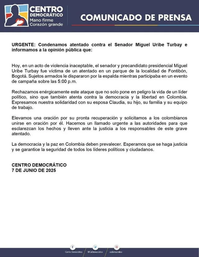 Comunicado del partido político Centro Democrático. Foto Red social X Comunicado del partido político Centro Democrático. Foto Red social X