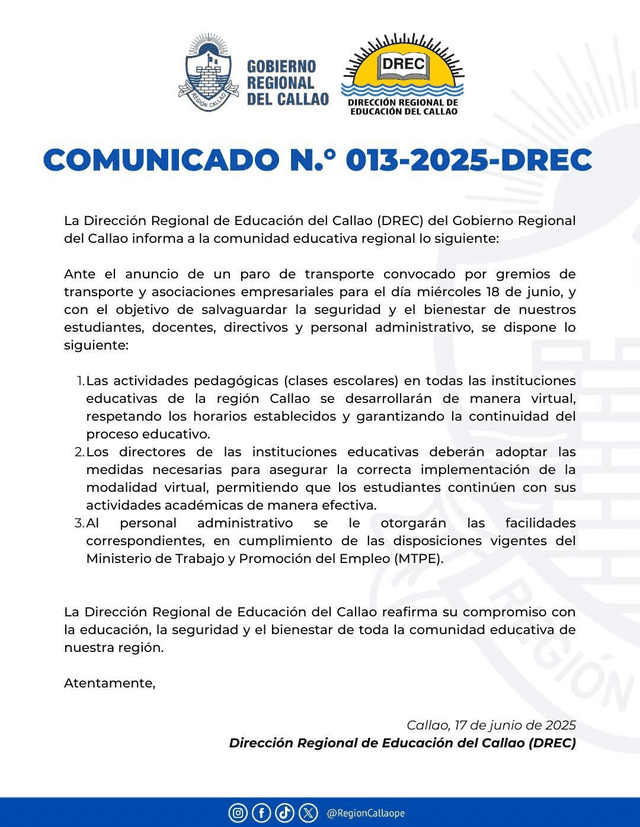 Comunicado Regional del Callao. Foto: X Comunicado Regional del Callao. Foto: X