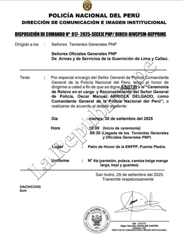  Disposición de Comando que convoca para la ceremonia de relevo de Óscar Arriola como nuevo Comandante General de la PNP.   