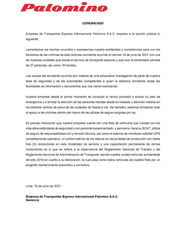 Comunicado de empresa Palomino.