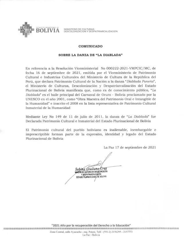 Comunicado del Ministerio de Culturas, Descolonización y Despatriarcalización de Bolivia. Foto: Facebook difusión