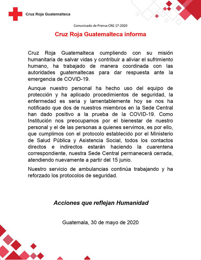 Cruz Roja Guatemalteca anuncia que se registraron dos casos positivos de COVID-19 en su personal médico (Foto: Twitter)