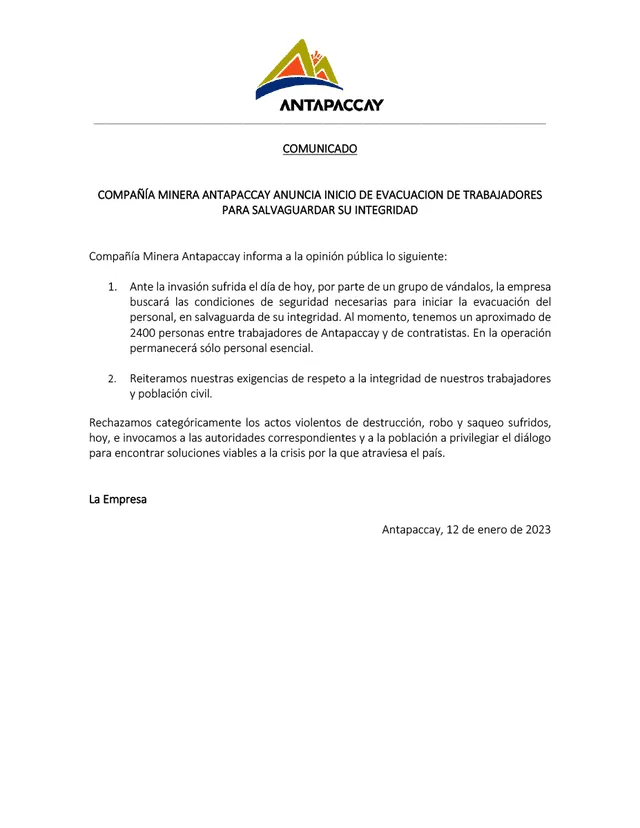 Antapaccay emitió comunicado. Foto: difusión