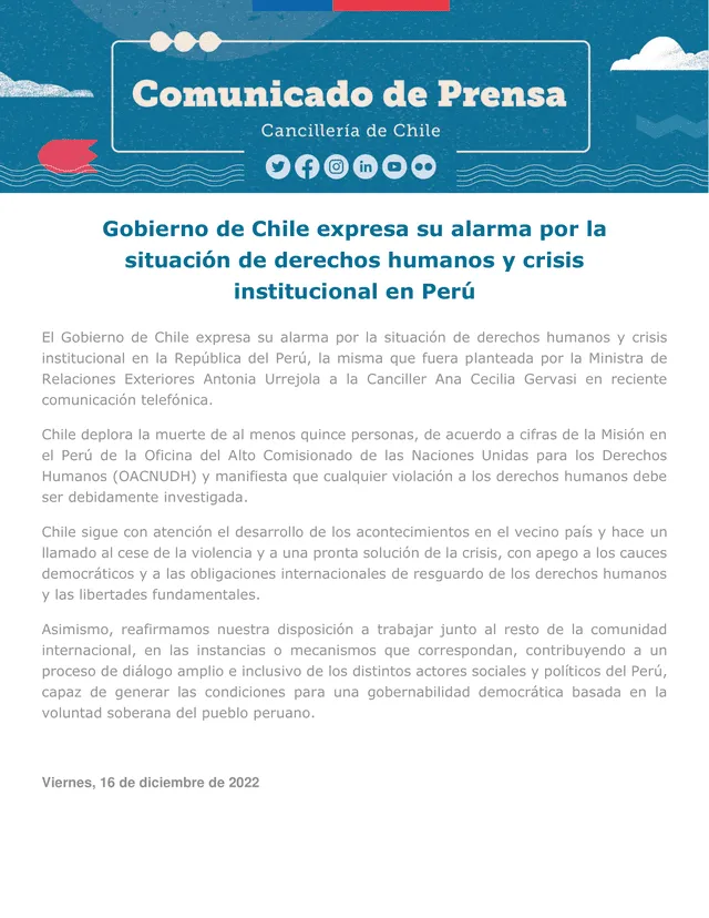 Comunicado de prensa sobre Perú. Foto: Cancillería de Chile