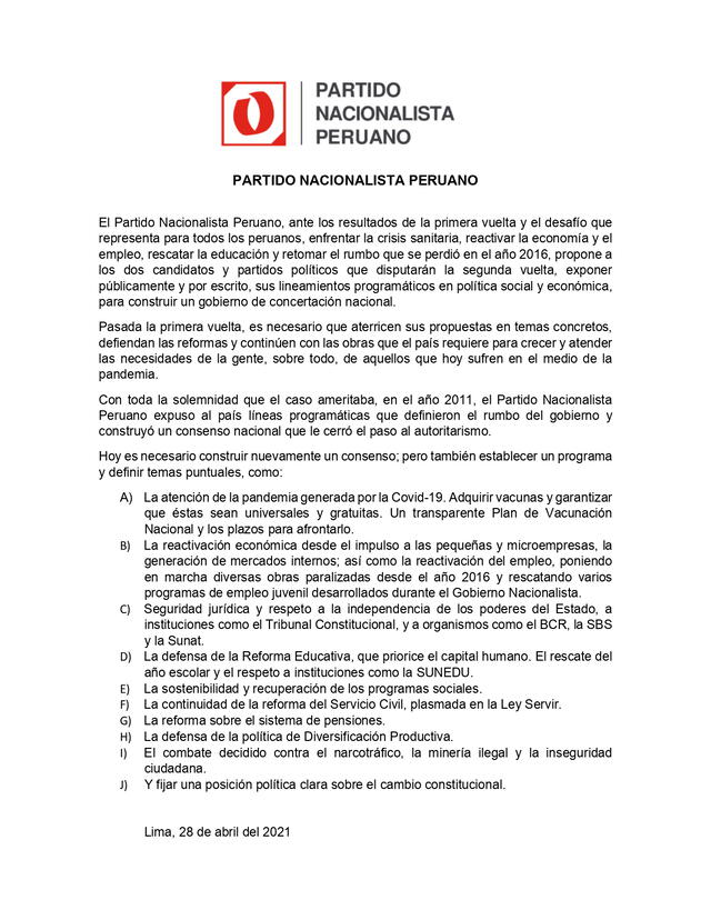 Comunicado del Partido Nacionalista Peruano (PNP).