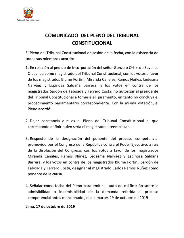 Comunicado del Tribunal Constitucional rechazando tomarle juramento a Gonzalo Ortiz de Zeavllos como nuevo magistrado. Foto: Twitter TC.