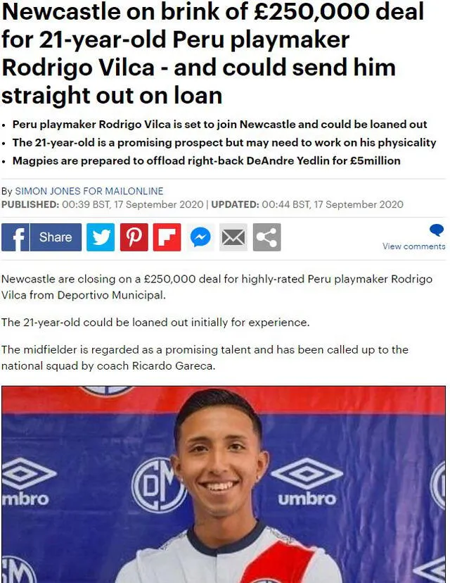 Daily Mail informó que Rodrigo Vilca podría fichar por el Newcastle. Foto: Captura
