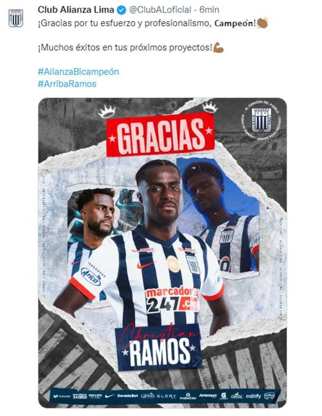 El club blanquiazul anunció la salida de Christian Ramos. Foto: Alianza Lima