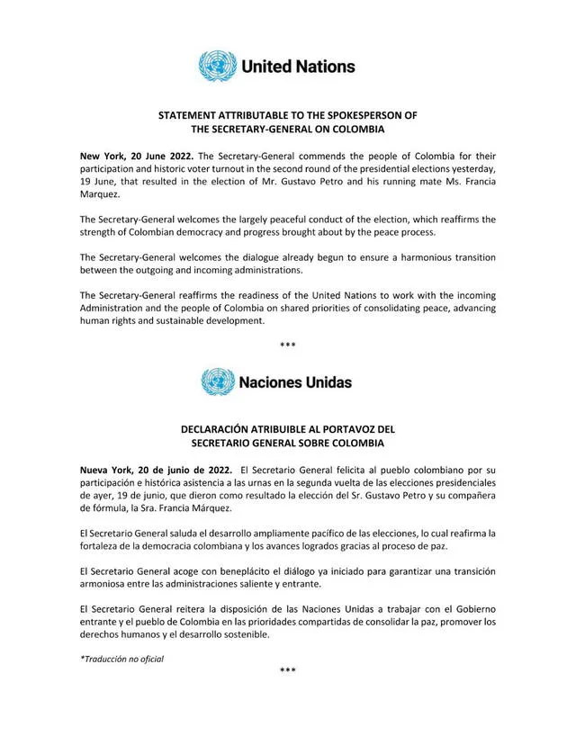 Este fue el documento que emitió el representante de la ONU en Colombia. FOTO: Twitter