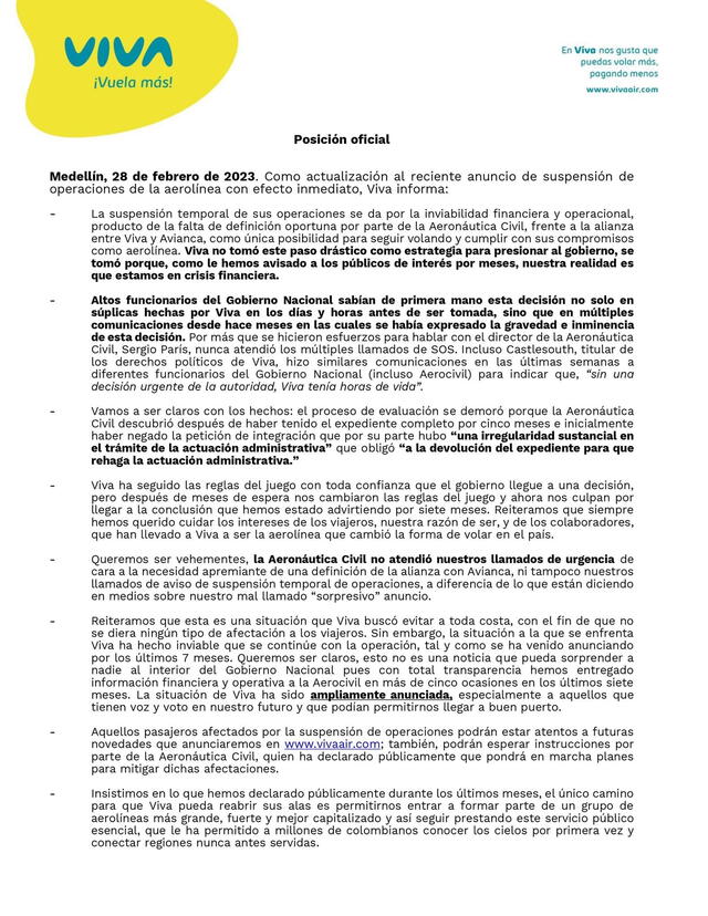  Comunicado acerca de la suspensión de las operaciones de la aerolínea. Foto: Twitter/Viva Air Colombia   