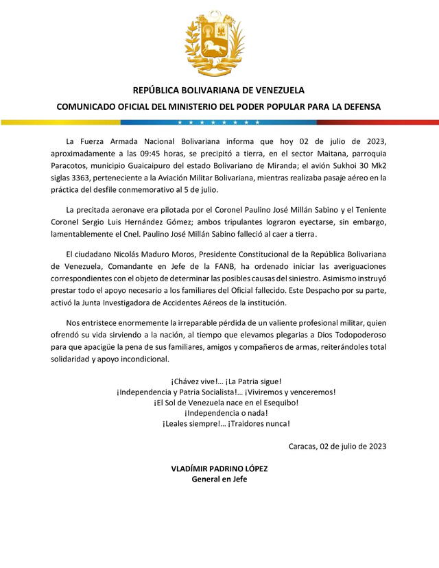 ministerio de defensa | venezuela | accidente avion | sukhoi