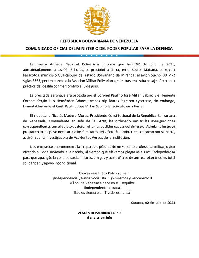 La FANB anunció la apertura de la investigación para determinar las causas del suceso. Foto: FANB Prensa/Twitter