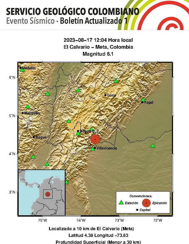 Epicentro del fuerte sismo en Colombia. Foto: SGC   