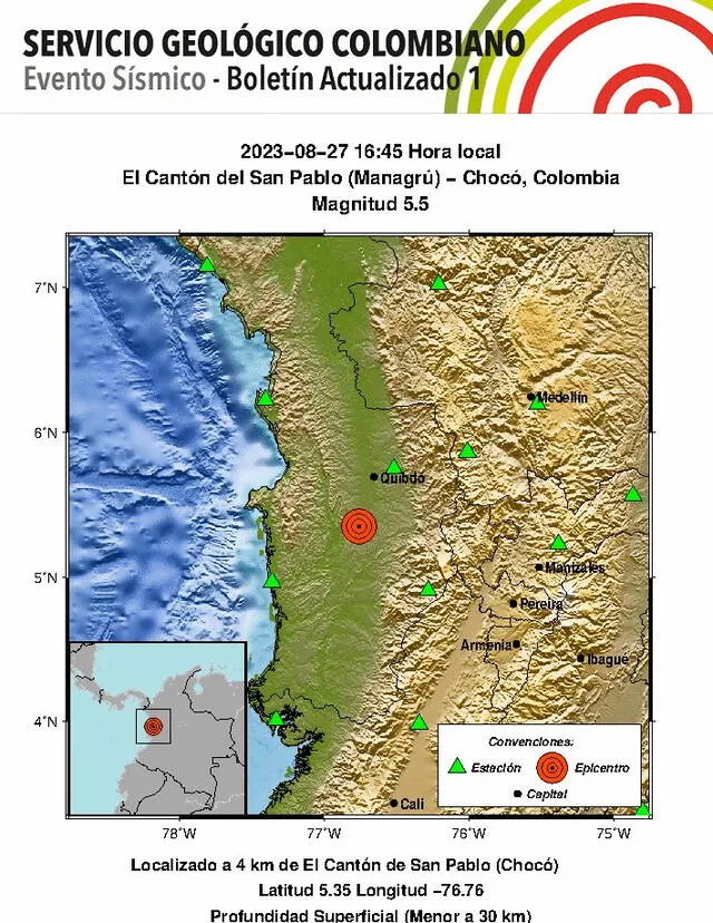 El Servicio Geológico Colombiano reportó el fuerte sismo que remeció el país sudamericano. Foto: @sgcol    