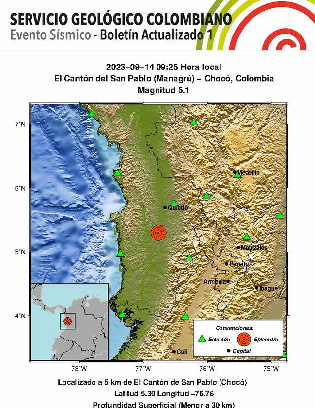 El SGC reportó el sismo de magnitud 5.1 en el Cantón del San Pablo. Foto: sgcol   