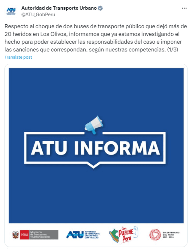  ATU se pronuncia por accidente en Los Olivos. Foto: Twitter 