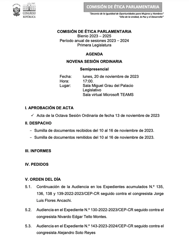 Agenda de la Comisión de Ética. Foto: Congreso   