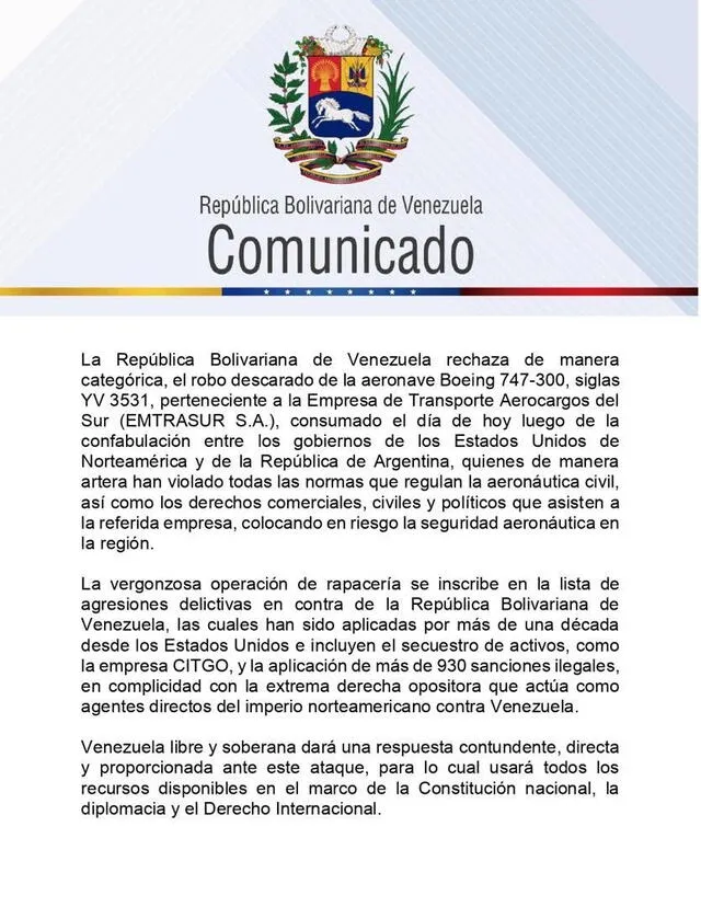 Pronunciamiento de la administración de Nicolás Maduro respecto al decomiso de la aeronave. Foto: Gobierno Bolivarianos de Venezuela   
