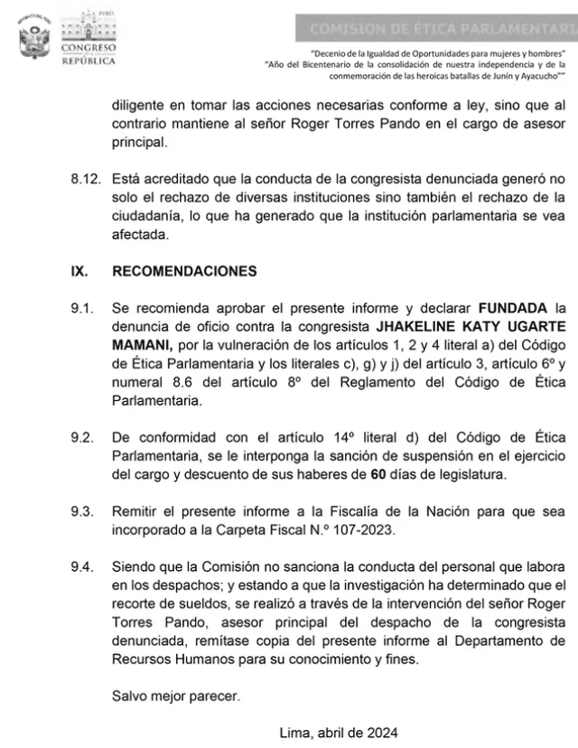 Documento que recomienda suspender a Katy Ugarte. Foto: Congreso   