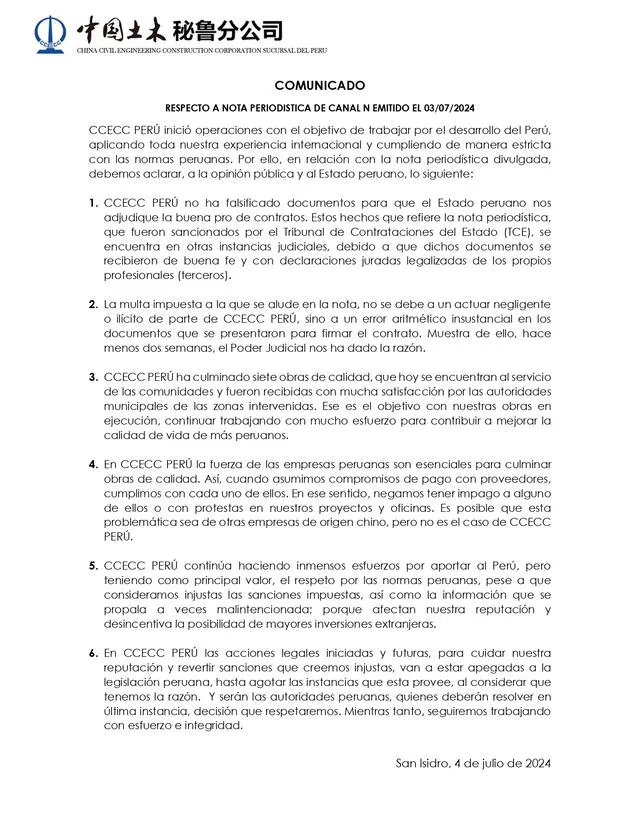  Comunicado de CCECC PERU sobre la presunta reunión del Gobierno con empresa China. 